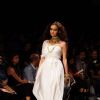 Dia Mirza displays designer Rocky S's creations during the Lakme Fashion Week day 4 in Mumbai. .