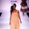 Model displays designer VJ Balhara's creation during the Lakme Fashion Week Day 3 in Mumbai. .