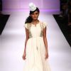 Model displays designer VJ Balhara's creation during the Lakme Fashion Week Day 3 in Mumbai. .