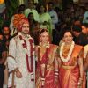 Hema Malini with Esha Deol and Bharat Takhtani at their wedding ceremony