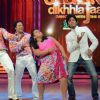 Bollywood actors Tusshar Kapoor, Ritesh Deshmukh with contestant Bharti Singh on the sets of Jhalak Dikhhla Jaa in Filmistan. .