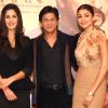 Shahrukh Khan, Katrina Kaif and Anushka Sharma at a press conference for the film Jab Tak Hai Jaan
