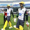 The Mumbai Heros batsman come on the pitch for the CCL Dubai match