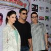 Ramesh Taurani, Akshay Kumar and Tammanah pose at the Promotion of Entertainment in Delhi