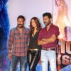 Ajay Devgn, Manasvi Mamgai and Prabhu Deva pose for the media at the Song Launch of Action Jackson