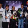 Jazz Musician Louis Banks, Pandit Ronu Majumdar, Jackie Shroff and Yuvika Chaudhary pose for the photographers during their album launch of "Breathless Flute" in Mumbai
