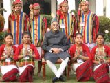 Tableaux artists who participated in Republic Day Parade with Vice President M. Hamid Ansari at his residence, in New Delhi