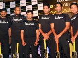 M S Dhoni, Harbhajan Singh, Yusuf Pathan, Gautam Gambhir and Yuvraj Singh at a promotional event in New Delhi