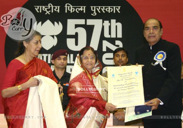 President Pratibha Patil presenting the Dada Saheb Falke Award 2009 to D Ramanaidu at the 57th National Films Awards, in New Delhi on Friday Also in picture I&B Minister Ambika Soni