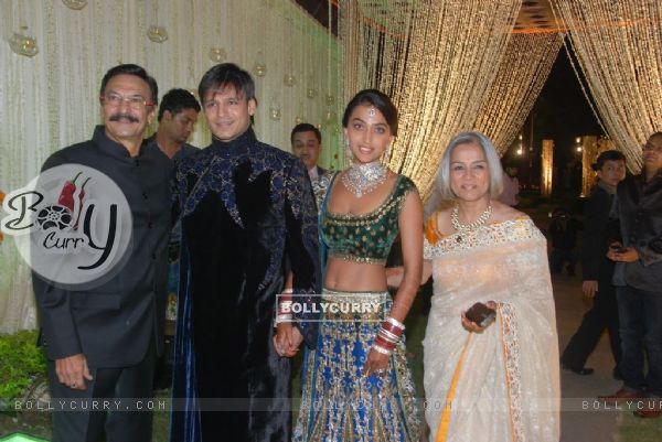 Suresh Oberoi and his wife at Vivek Oberoi's wedding reception at ITC Grand Maratha