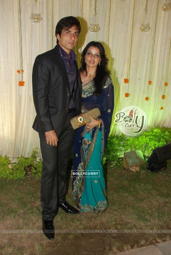 Sonu Sood with his wife at Vivek Oberoi's wedding reception at ITC Grand Maratha