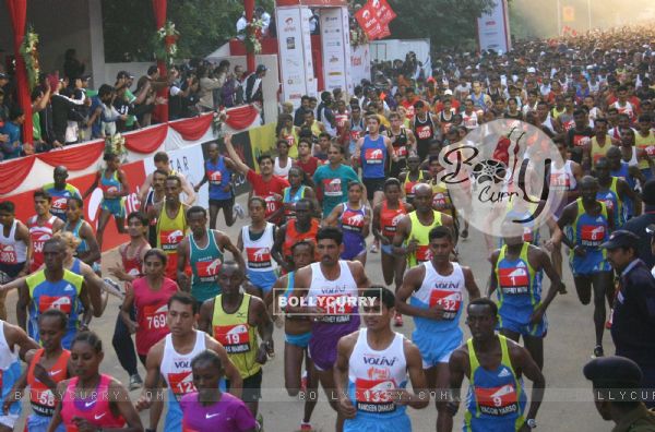 Participants during the Delhi Half Marathon, in New Delhi