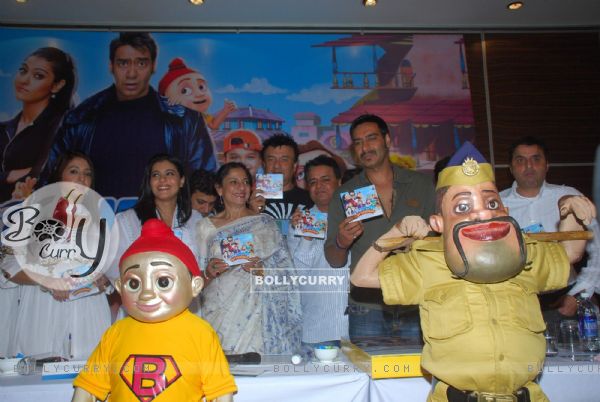 Bollywood actors Kajol, Tanuja and Ajay Devgan at Toonpur Ka Superhero music launch at Novotel. .