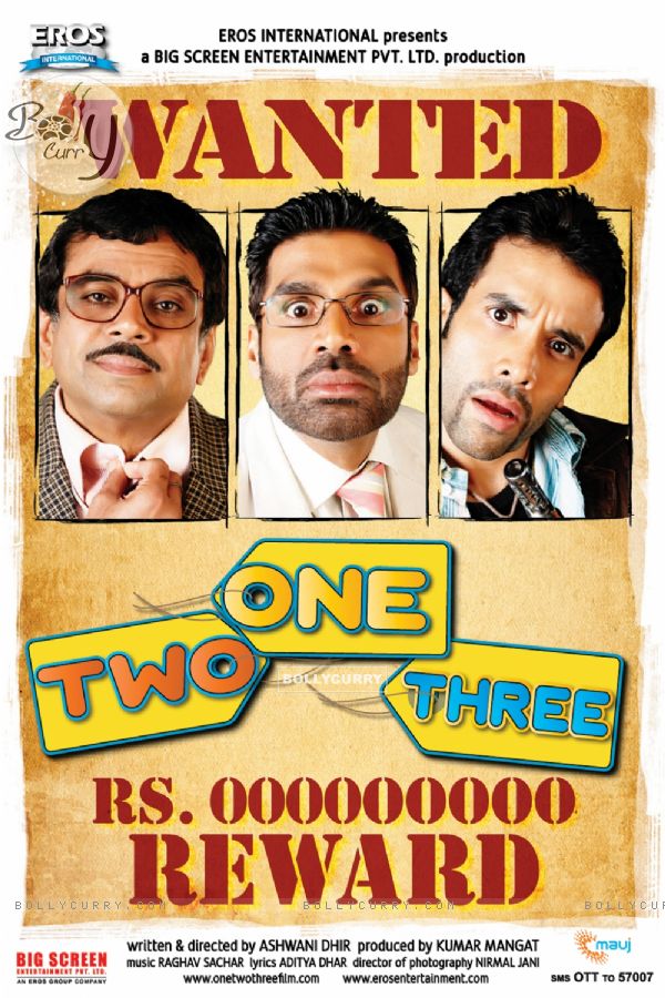 One Two Three poster introducing Paresh Rawal,Sunil Shetty and Tusshar Kapoor (11438)