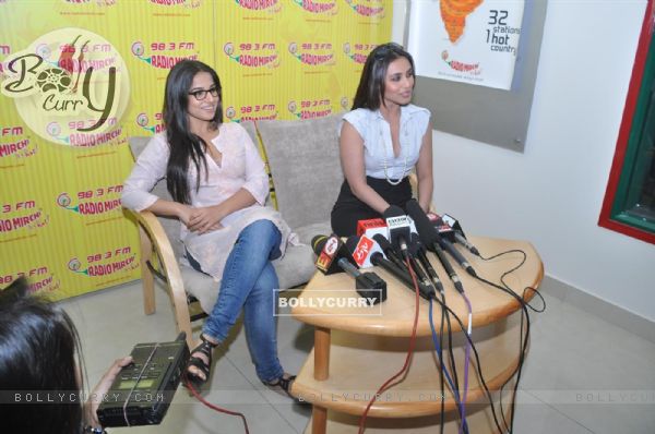 Vidya Balan and Rani Mukherjee arrive to promote the Hindi film  No One Killed Jessica at a 98.3 FM Radio station