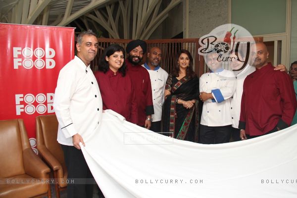 L-R Chef Nitin, Chef Shilarna , Chef Ganesh Harpal, Chef Max, Madhuri Dixit at "Food Food" Channel