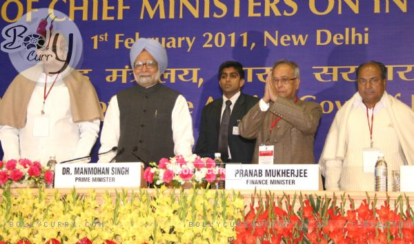 Prime Minister Dr. Manmohan Singh with Home Minister P. Chidambaram, Defence Minister A.K.Antony and Finance Minister Paranav Mukherjee at the Chief Ministers  Conference, in New Delhi on Tuesday. .
