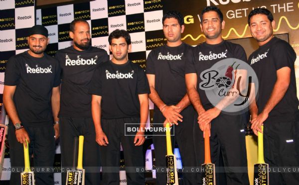 Cricketers Harbhajan Singh, Yusuf Pathan, Gautam Gambhir, Yuvraj Singh, M S Dhoni and Piyush Chawla at a promotional event in New Delhi on Wed 2 Feb 2011. .