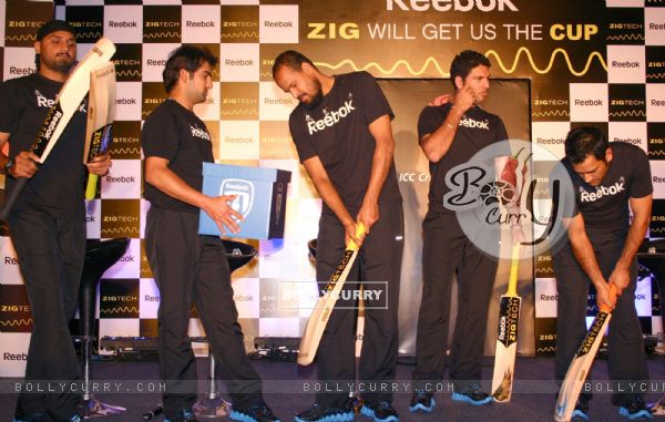 Cricketers Harbhajan Singh, Yusuf Pathan, Gautam Gambhir, Yuvraj Singh and M S Dhoni at a promotional event in New Delhi on Wed 2 Feb 2011. .