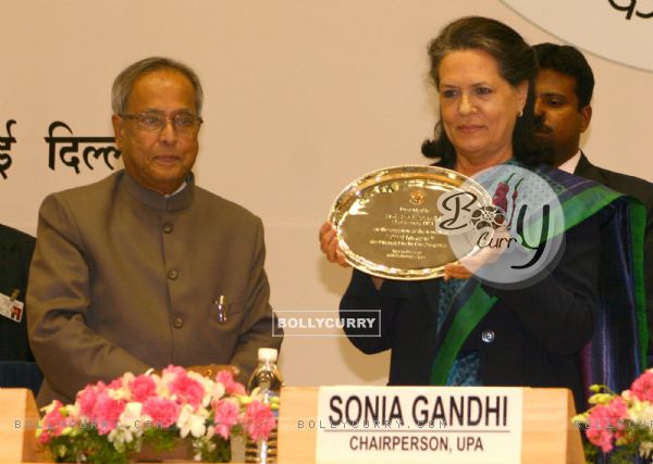 Sonia Gandhi and Pranab at the launch of "Swabhiman", the Financial Inclusion Campaign in New Delhi