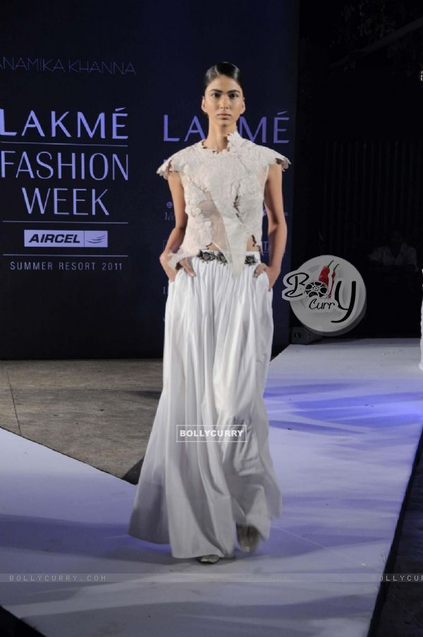 A model on day 1 Lakme Fashion Week for designer Anamika Khanna. .