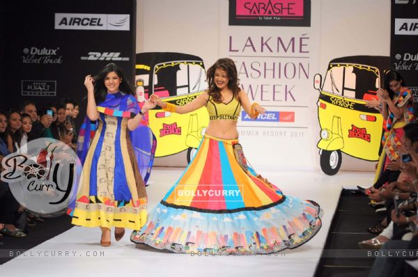 A model displays designer Sabashe by Sabah Khan's creations during the Lakme Fashion Week day 4 in Mumbai. .