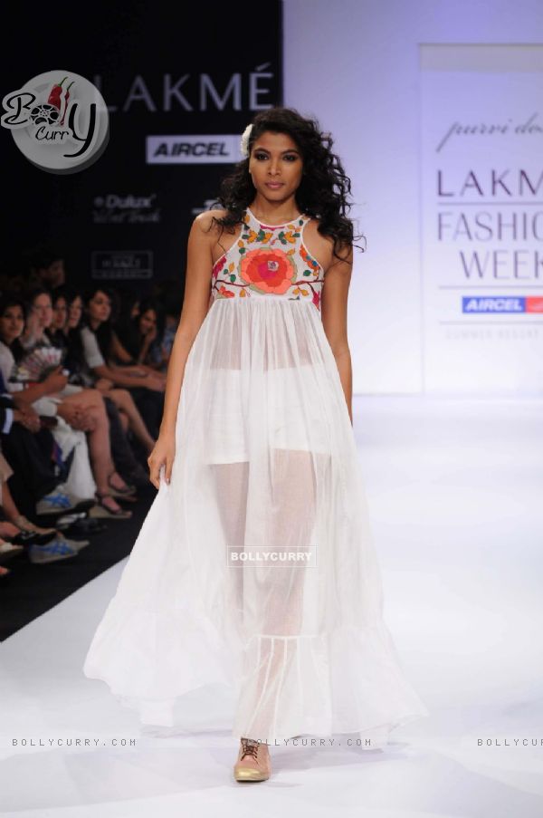A model displays designer Purvi Doshi's creations during the Lakme Fashion Week day 4 in Mumbai. .