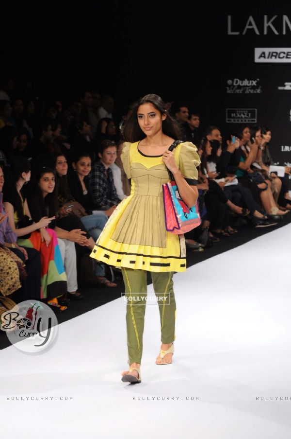 A model displays designer Sabashe by Sabah Khan's creations during the Lakme Fashion Week day 4 in Mumbai. .