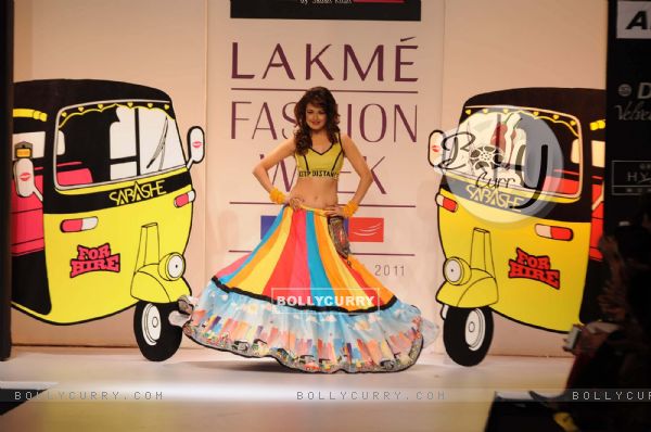 A model displays designer Sabashe by Sabah Khan's creations during the Lakme Fashion Week day 4 in Mumbai. .