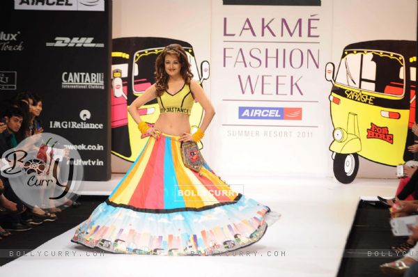 A model displays designer Sabashe by Sabah Khan's creations during the Lakme Fashion Week day 4 in Mumbai. .
