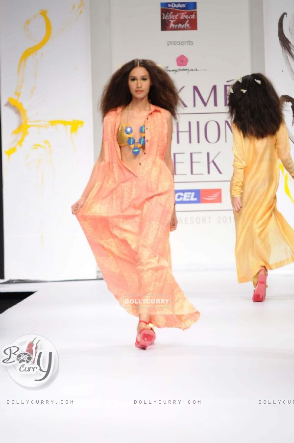 A model displays designer Anupama Daya's creations during the Lakme Fashion Week day 4 in Mumbai. .
