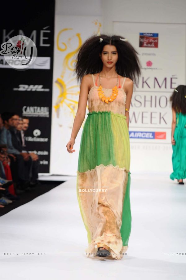 A model displays designer Anupama Daya's creations during the Lakme Fashion Week day 4 in Mumbai. .