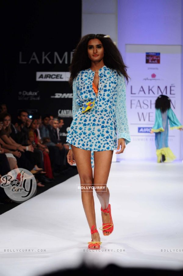 A model displays designer Anupama Daya's creations during the Lakme Fashion Week day 4 in Mumbai. .