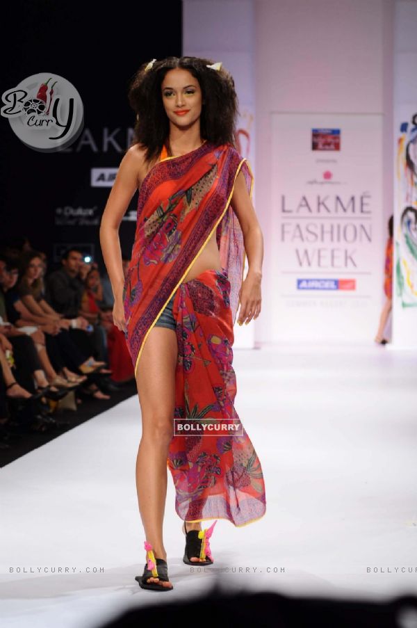 A model displays designer Anupama Daya's creations during the Lakme Fashion Week day 4 in Mumbai. .