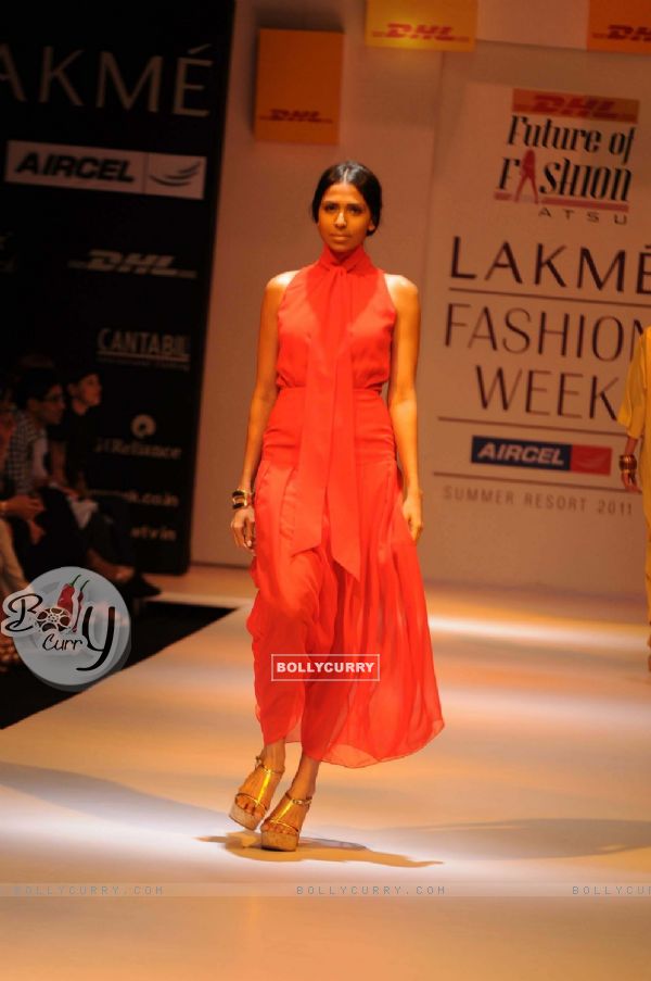A model displays designer Astu's creations during the Lakme Fashion Week day 4 in Mumbai. .