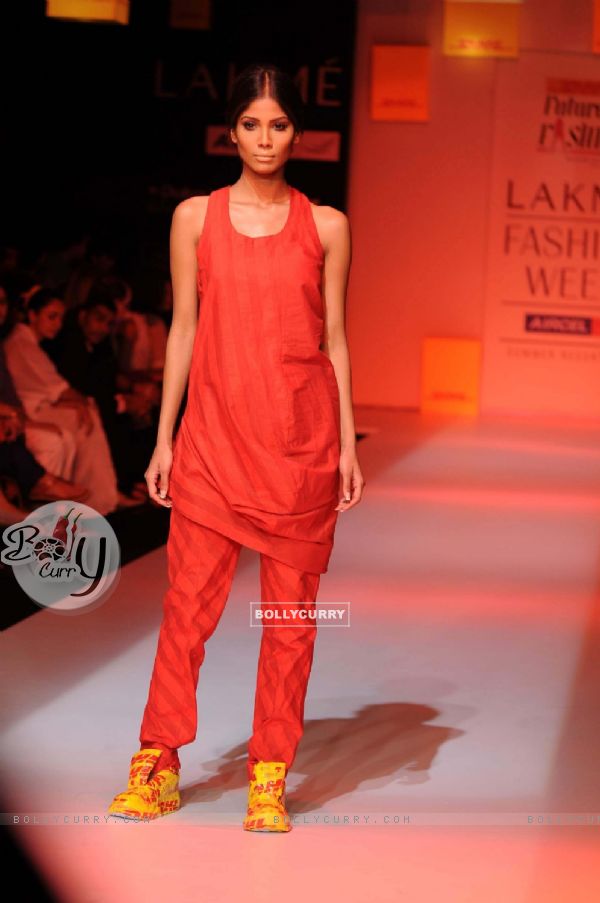 A model displays designer Kallol Datta's creations during the Lakme Fashion Week day 4 in Mumbai. .