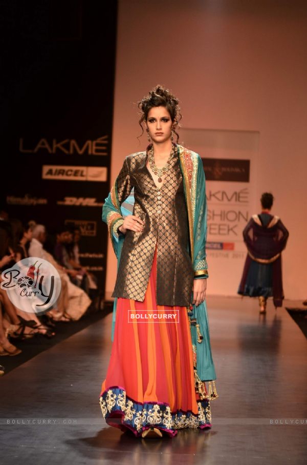 Model display creations by designers Bhumika and Shyamal during Lakme Fashion Week Day 3 in Mumbai. .
