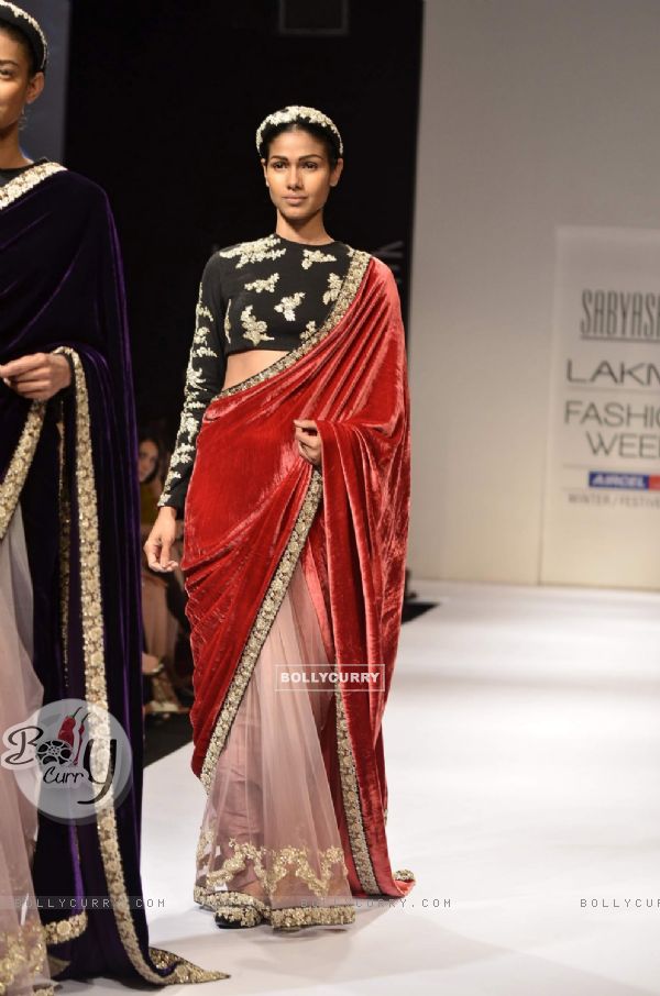 Model display creations by designer Sabyasachi during Lakme Fashion Week Day 3 in Mumbai. .