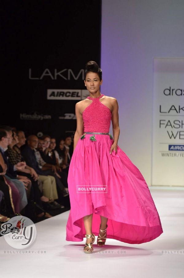Model display creations by designer Drashta during Lakme Fashion Week Day 4 in Mumbai. .