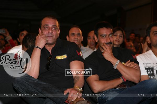 Sanjay Dutt and Ajay Devgn at Film 'Rascals' music launch at Hotel Leela in Mumbai