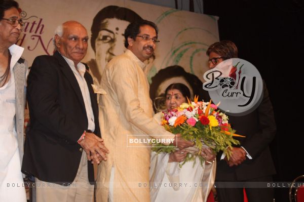 Yash Chopra and Amitabh Bachchan at Lata Mangeshkar birthday bash at Shanmukhanand Hall