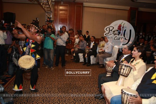 Sonam Kapoor enjoying the African dance performances at new range launch of Spice Mobiles in Mumbai