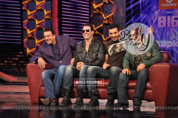 Akshay Kumar and John Abraham promote their film Desi Boyz on the sets of Bigg Boss Season 5 with Salman Khan and Sanjay Dutt at ND Studios in Karjat (170624)