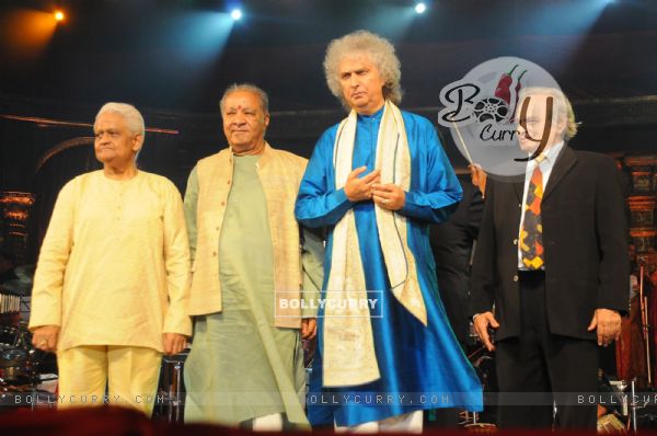Pyarelal, Pt. Hari Prasad Chaurasia , Pt. Shiv Kumar Sharma along with Anandji at Music Heals Concert held at Andheri Sports Complex in Mumbai. .
