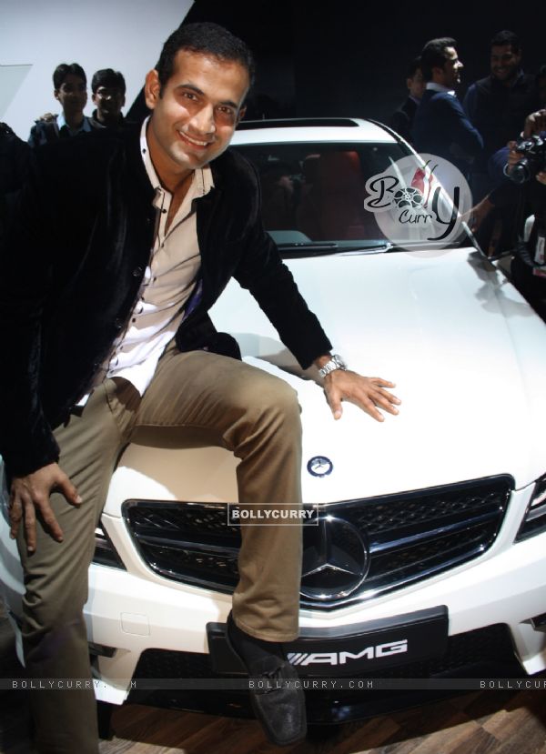 Cricketer Irfan Khan Pathan with the Mercedes, at Auto Expo 2012 in New Delhi