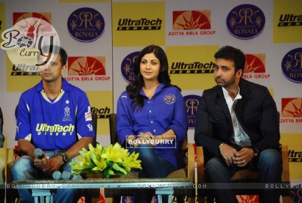 Shilpa Shetty and Rahul Dravid during the unveiling of the Rajasthan Royals Jersey at JW Marriott Hotel in Mumbai