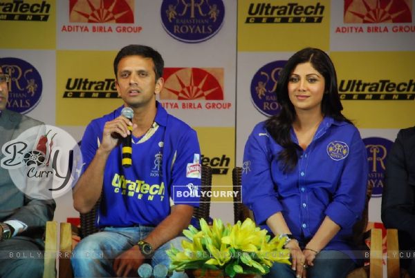 Shilpa Shetty and Rahul Dravid during the unveiling of the Rajasthan Royals Jersey at JW Marriott Hotel in Mumbai