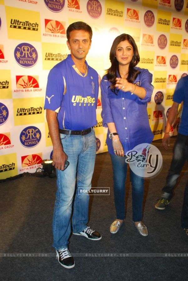 Shilpa Shetty and Rahul Dravid during the unveiling of the Rajasthan Royals Jersey at JW Marriott Hotel in Mumbai