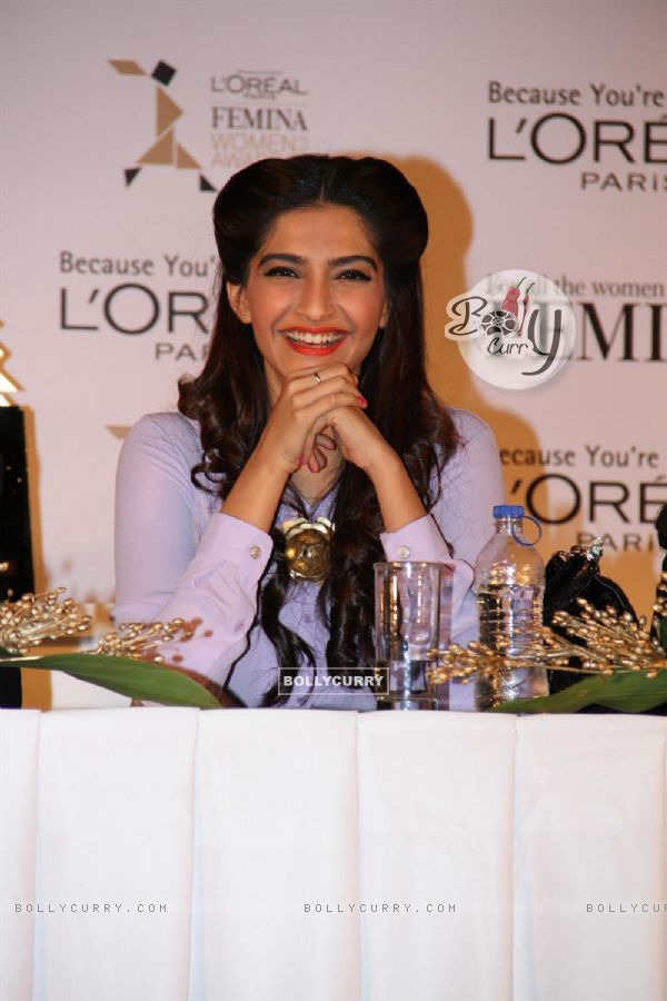 Sonam Kapoor gestures during the unveiling of trophy of Loreal Paris Femina Women Awards in Mumbai