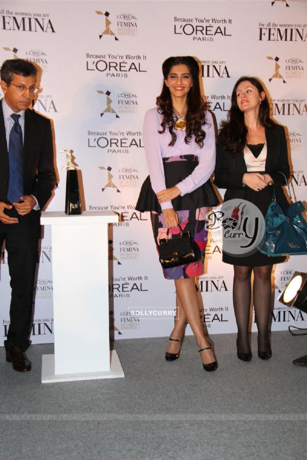 Sonam Kapoor gestures during the unveiling of trophy of Loreal Paris Femina Women Awards in Mumbai